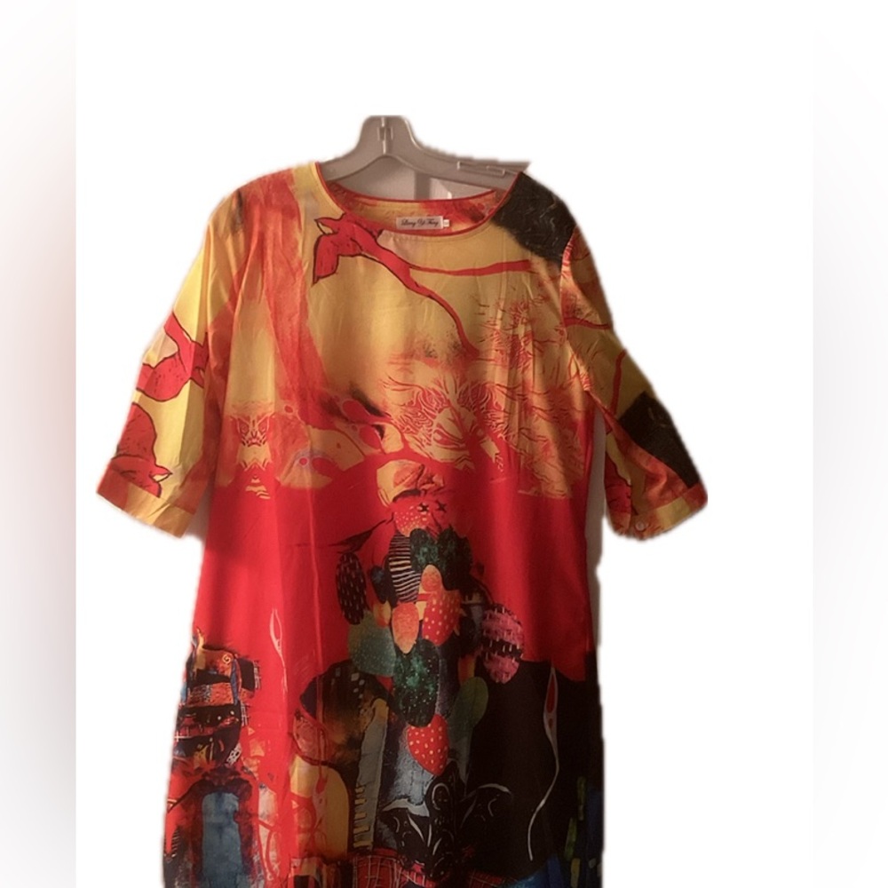 Art Deco/Oriental style multi-colored Midi Dress. XL